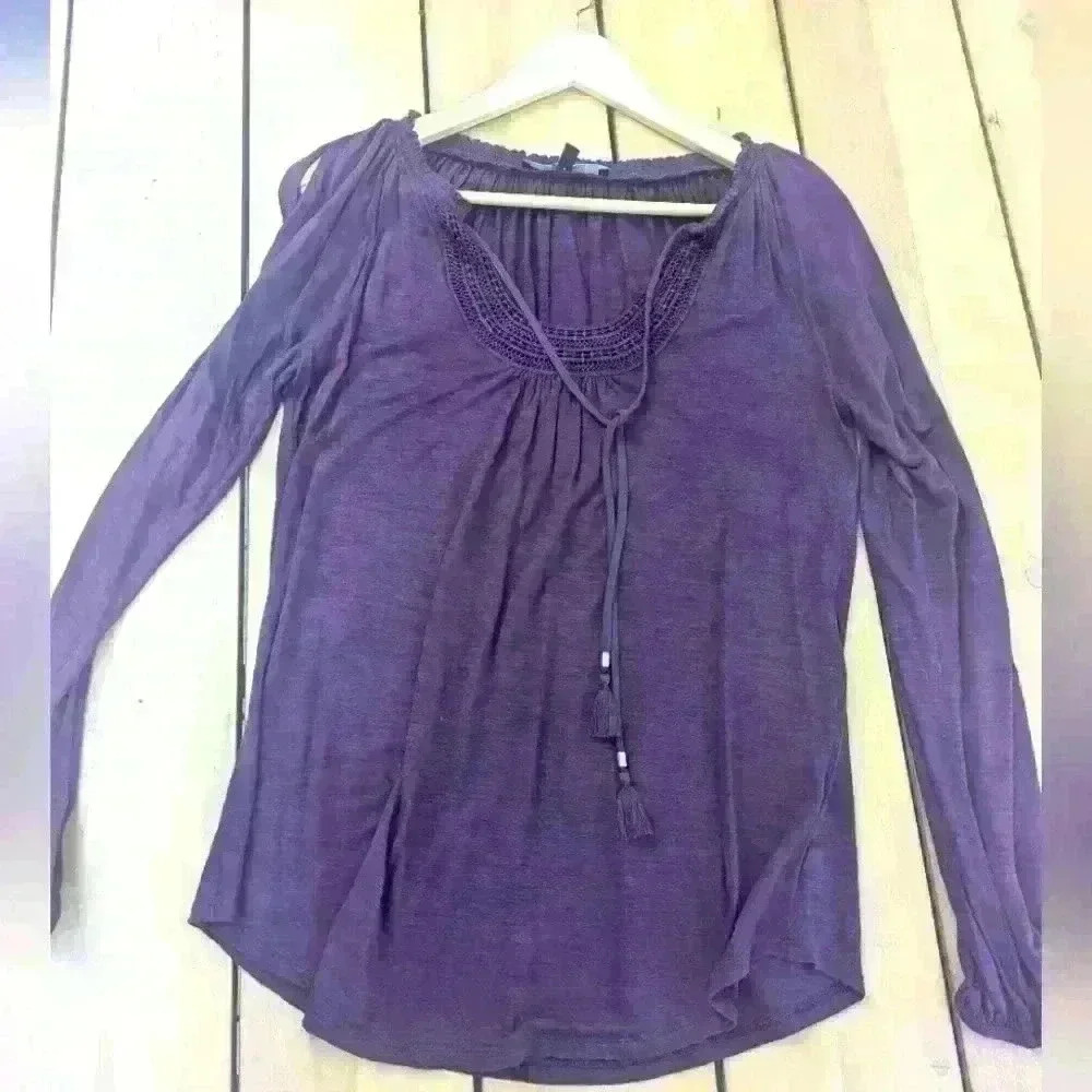 Purple Flowy Boho White House Black Market Top Cut Sleeves & Embroidery- Small